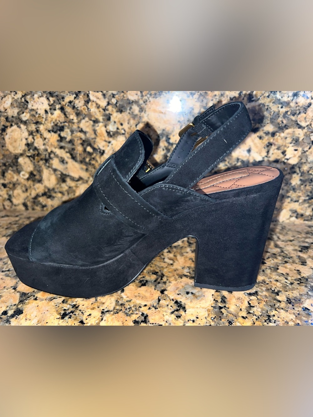 Kurt Geiger Black Suede Platform Slingback Heels with Gold Buckle - Picture 5 of 6